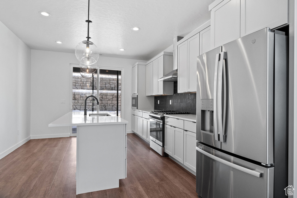 Kitchen featuring dark hardwood / wood-style floors, stainless steel appliances, a center island with sink, sink, and tasteful backsplash