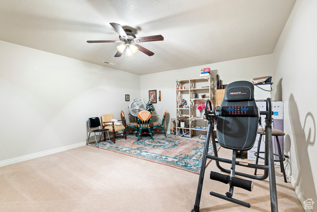 Workout room with carpet flooring and ceiling fan