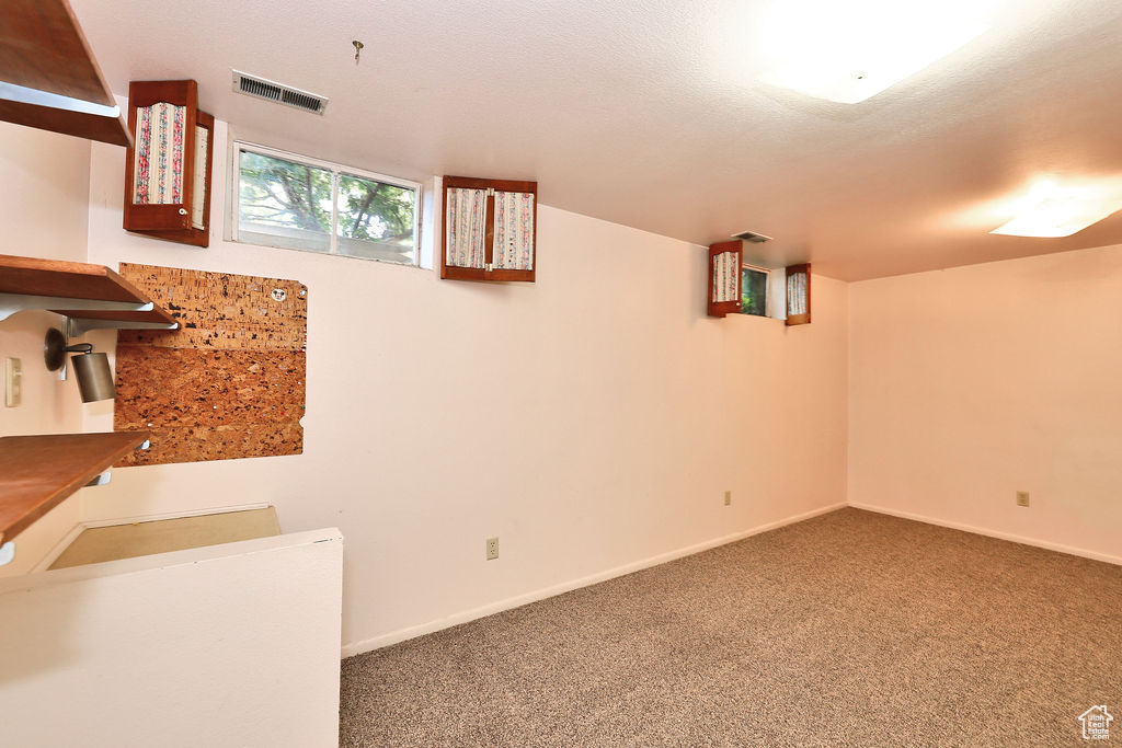Basement with carpet flooring and a textured ceiling