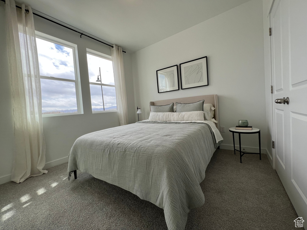 Bedroom featuring multiple windows and dark carpet