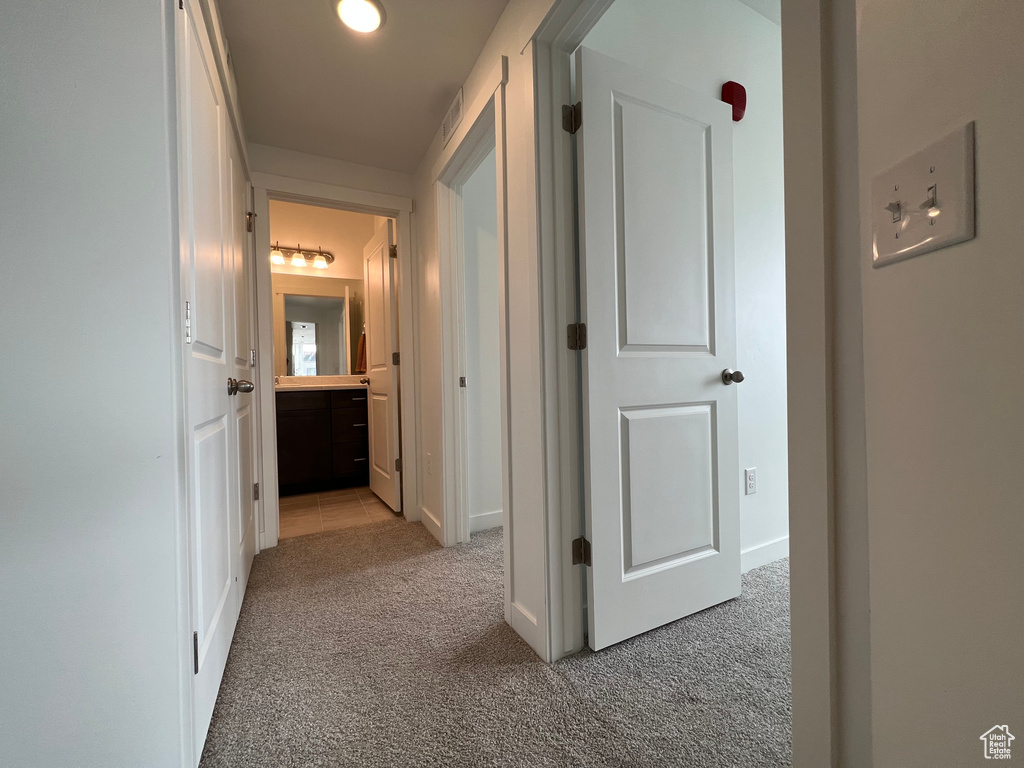 Corridor featuring carpet floors
