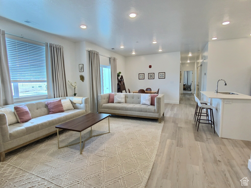 Living room featuring light hardwood / wood-style flooring and sink