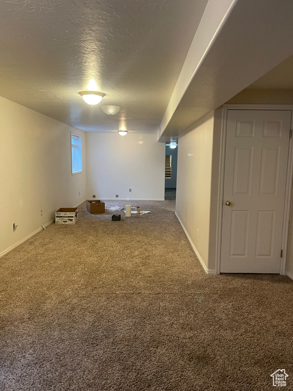 Basement featuring a textured ceiling and carpet floors