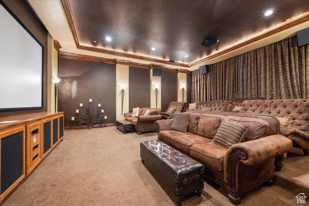Carpeted home theater featuring a raised ceiling