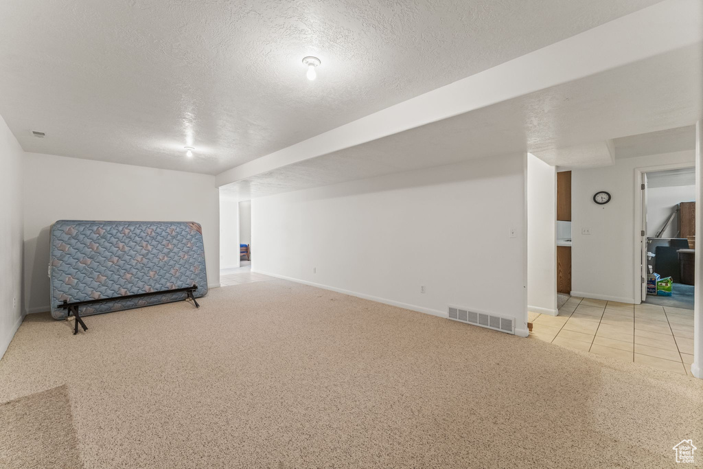 Interior space featuring light colored carpet and a textured ceiling