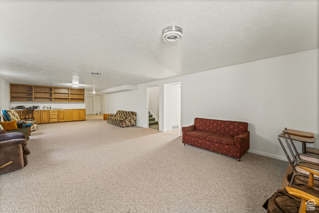 Interior space featuring carpet flooring and a textured ceiling