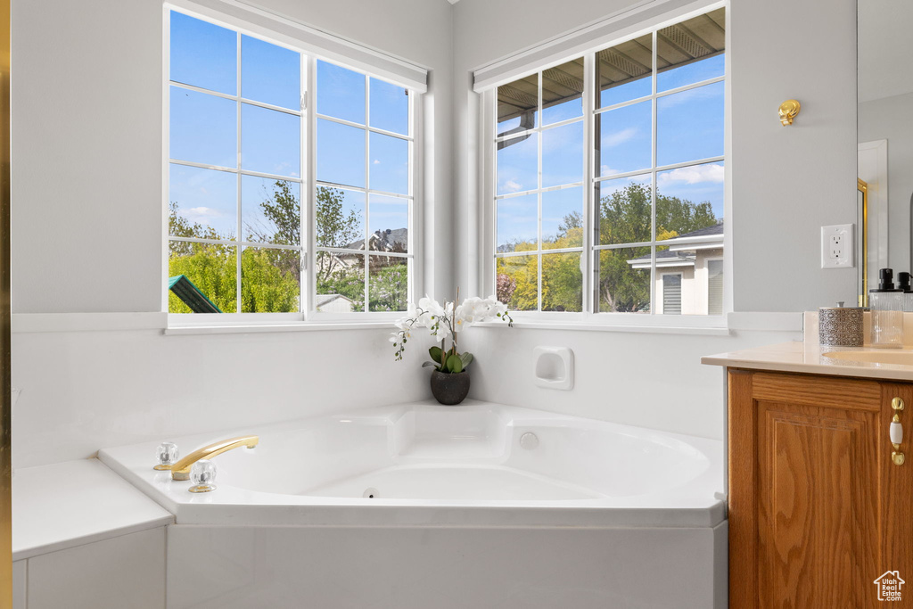 Bathroom with a healthy amount of sunlight, vanity, and a washtub