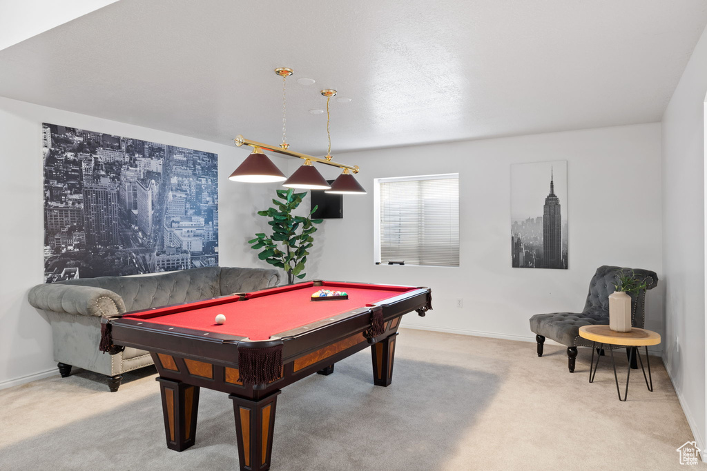 Rec room with carpet floors and billiards