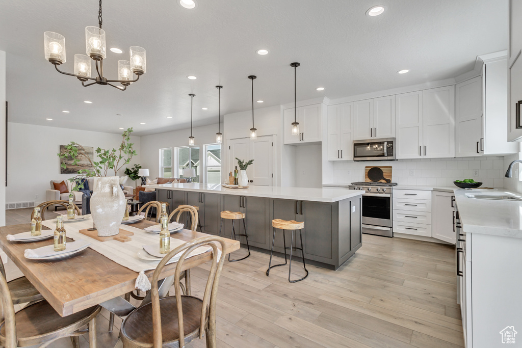 Kitchen featuring white cabinets, light hardwood / wood-style flooring, appliances with stainless steel finishes, tasteful backsplash, and an island with sink