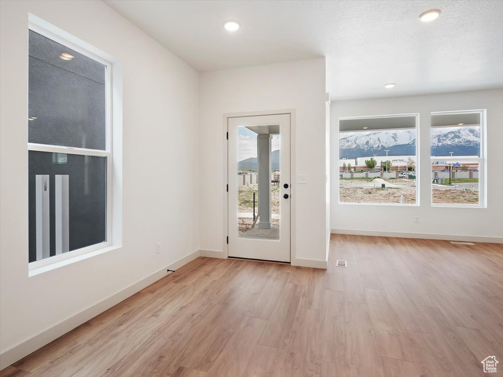 Doorway to outside with a wealth of natural light, light hardwood / wood-style flooring, and a mountain view