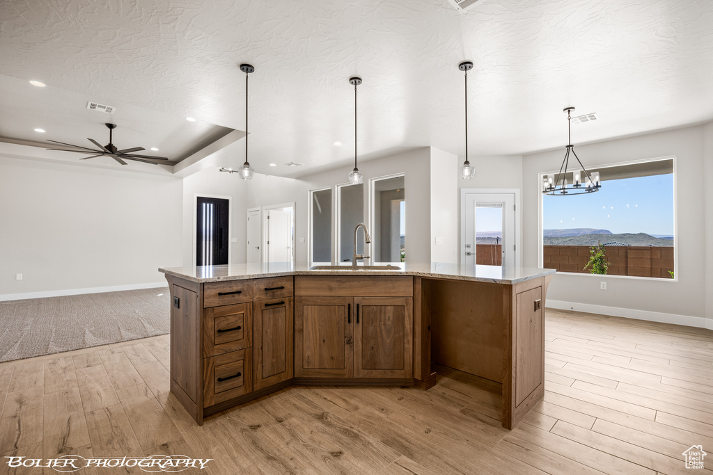 Kitchen with pendant lighting, light hardwood / wood-style floors, a kitchen island with sink, and sink