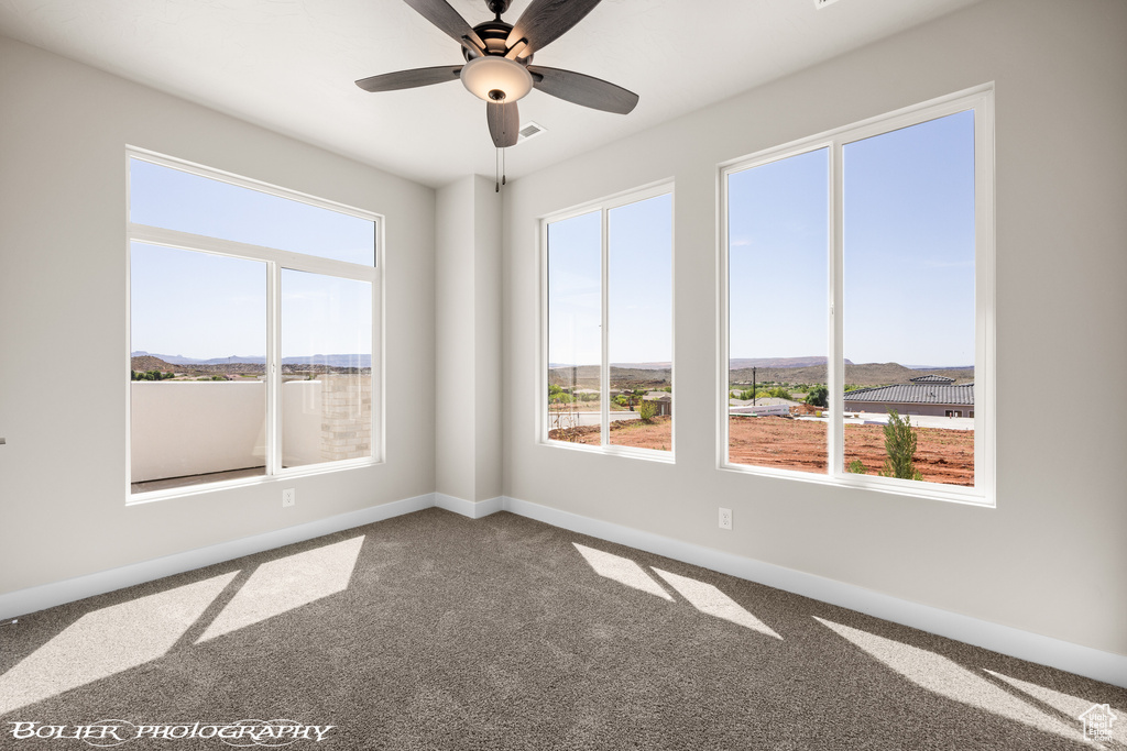 Unfurnished room featuring a wealth of natural light, carpet, and ceiling fan