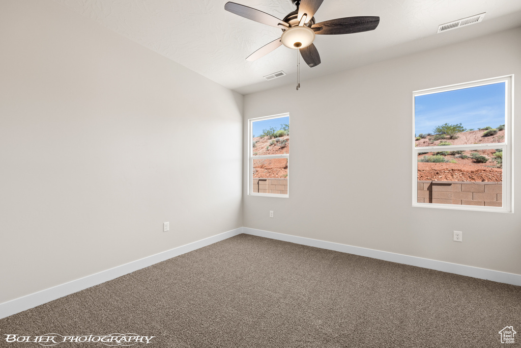 Carpeted empty room with a healthy amount of sunlight and ceiling fan