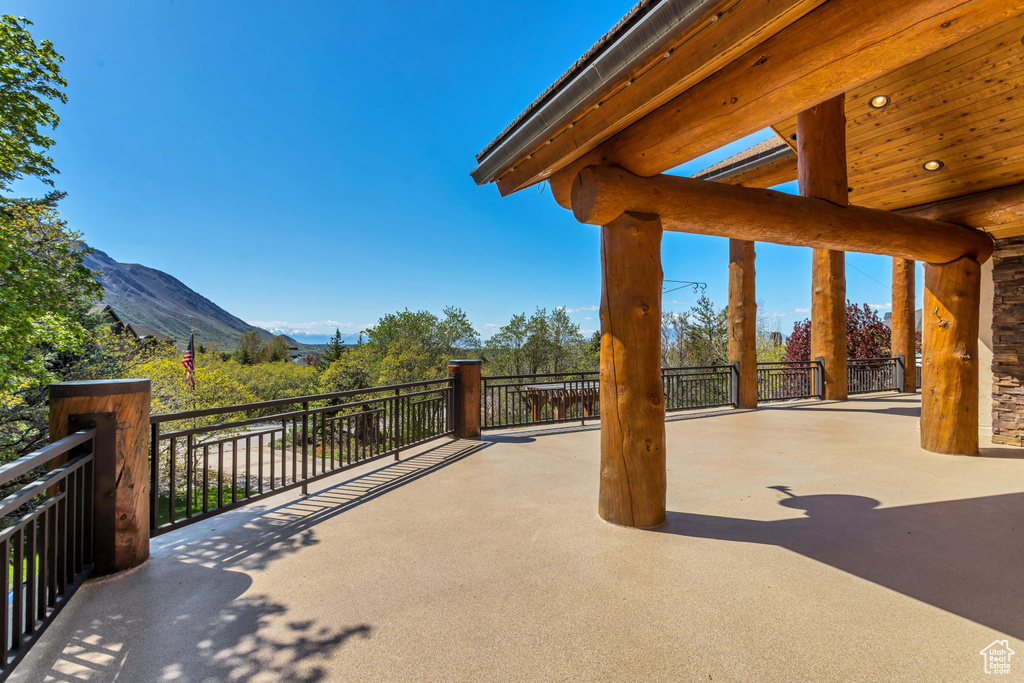 View of patio / terrace featuring a mountain view