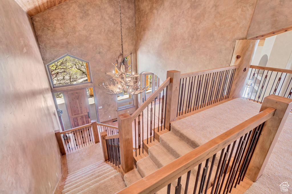 Stairs with a high ceiling, a chandelier, and carpet flooring