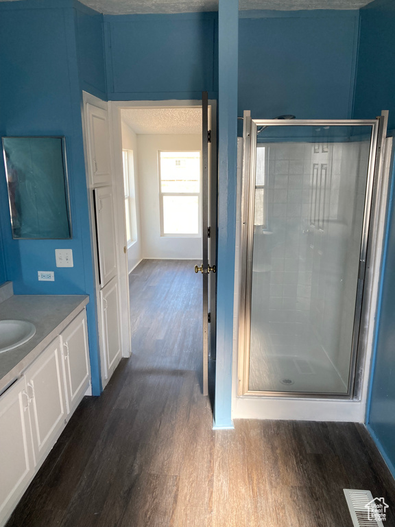 Bathroom with hardwood / wood-style flooring, vanity, and walk in shower