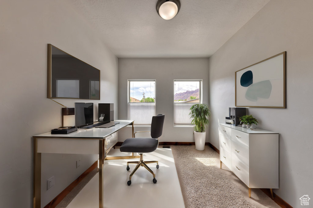 Office space with light colored carpet