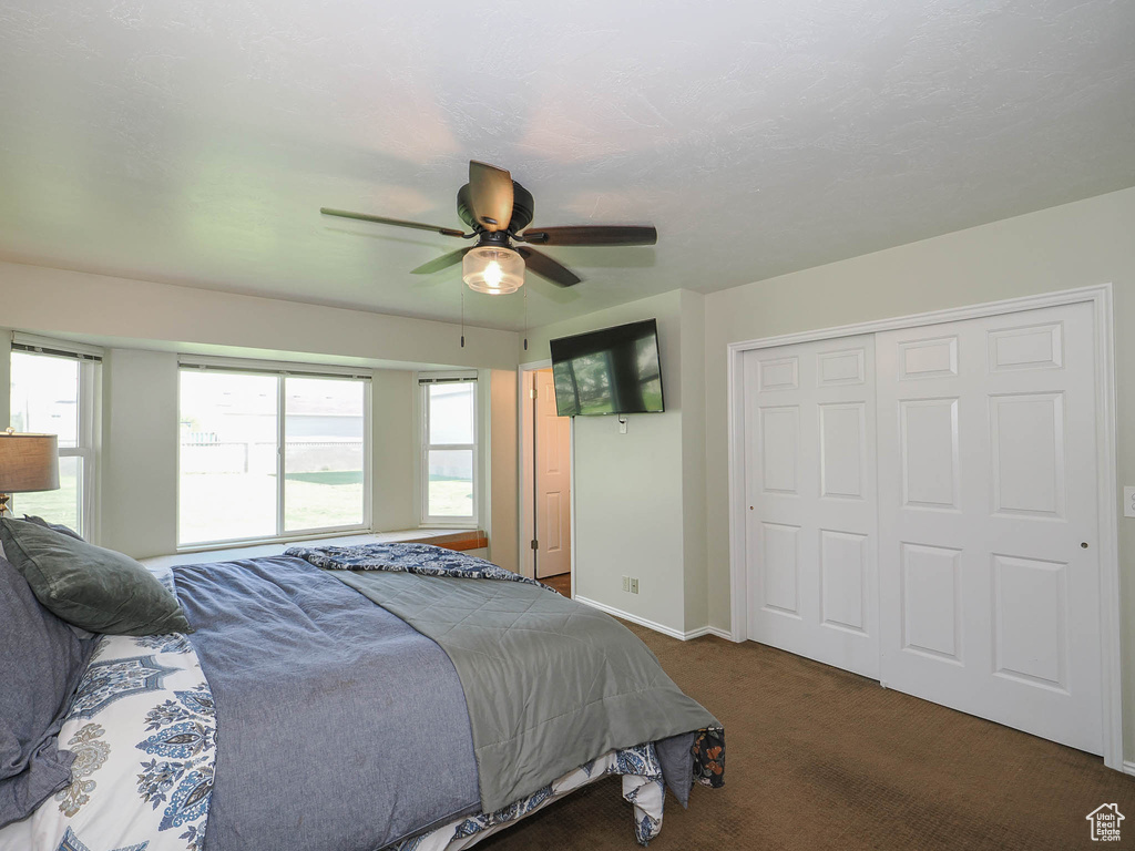 Bedroom with a closet, ceiling fan, and dark carpet