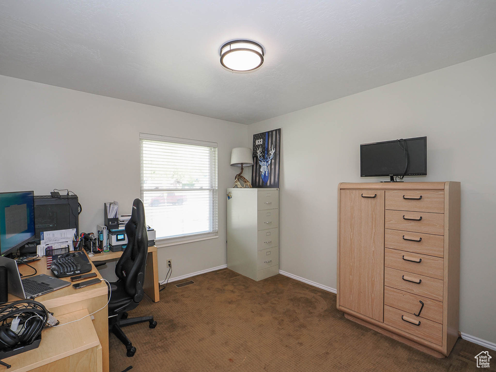 Office with dark colored carpet