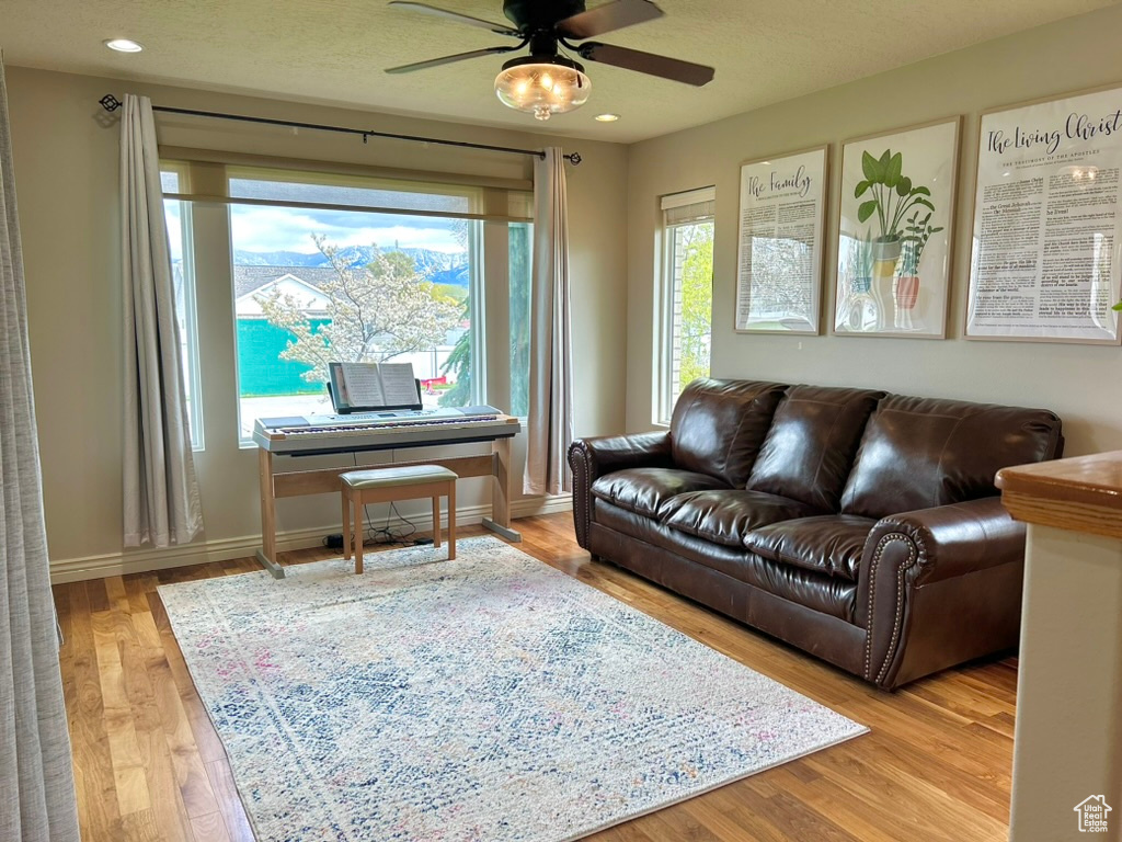 Living room featuring wood-type flooring and ceiling fan