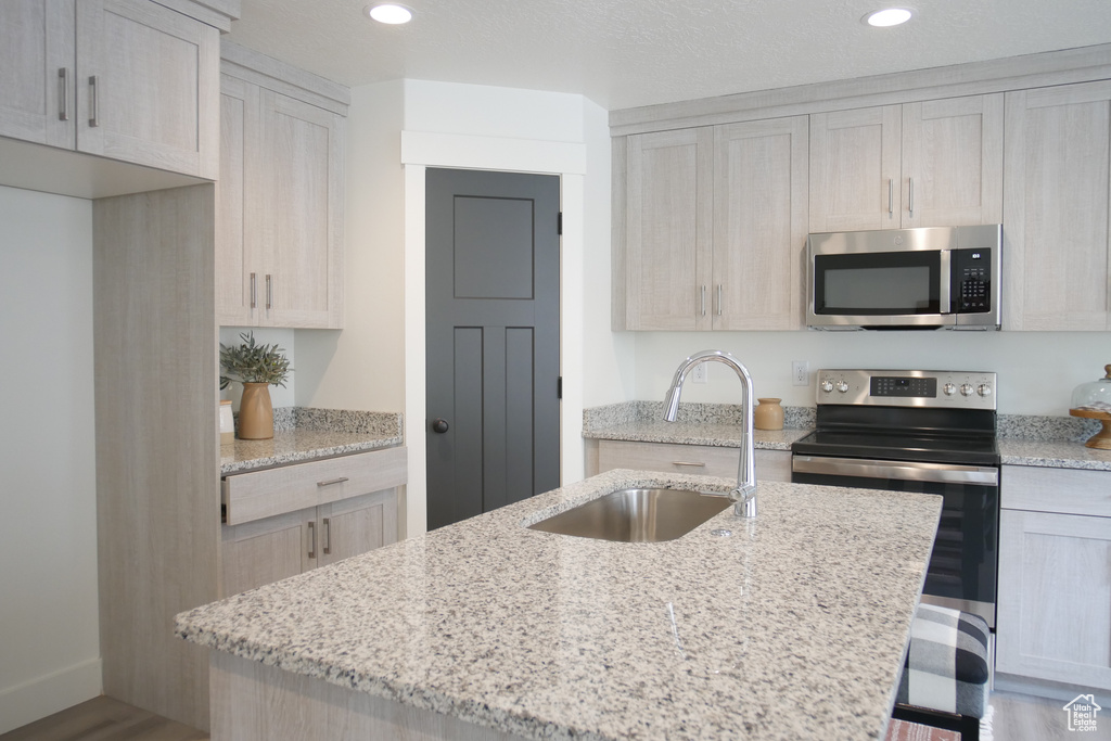 Kitchen with appliances with stainless steel finishes, sink, and an island with sink
