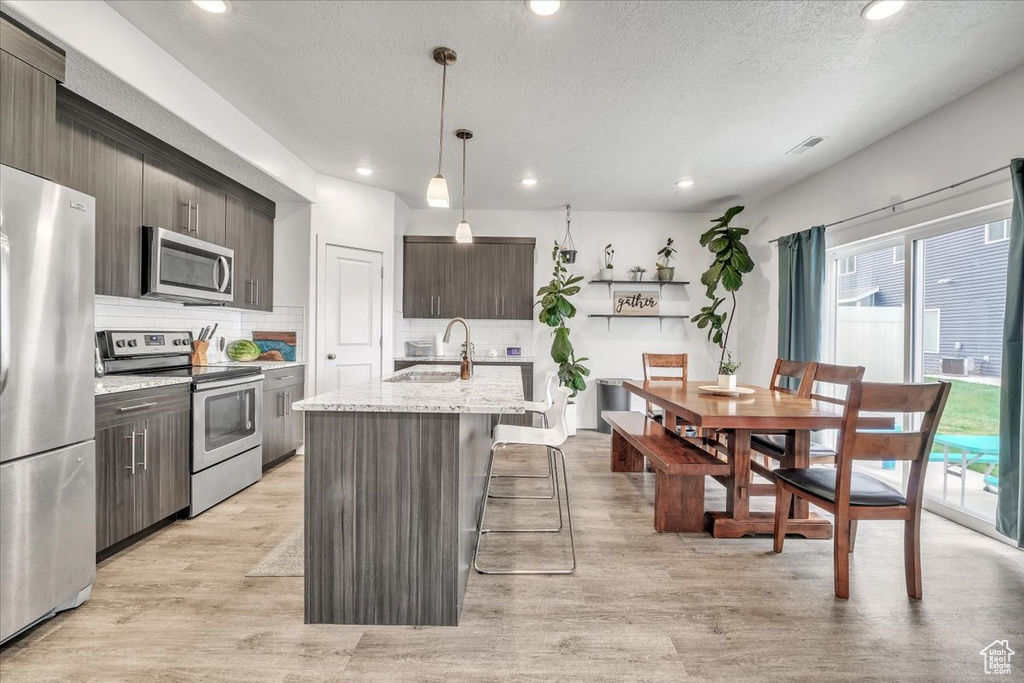 Kitchen with backsplash, appliances with stainless steel finishes, light hardwood / wood-style flooring, and a center island with sink
