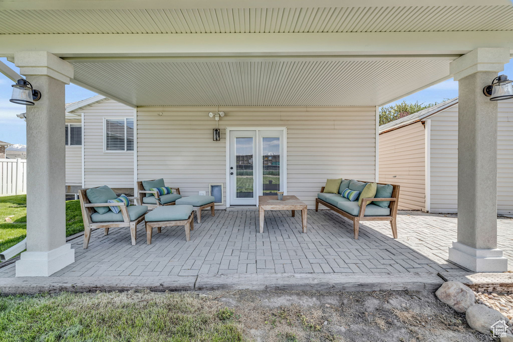 View of patio featuring french doors and outdoor lounge area