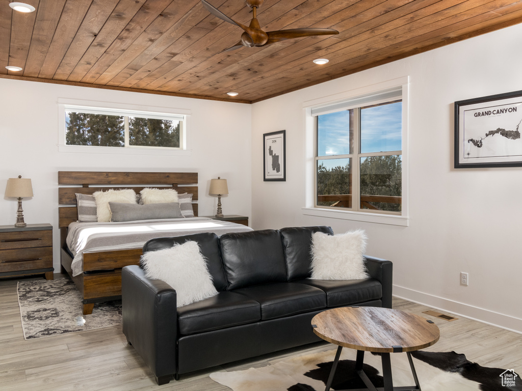Bedroom featuring wood-type flooring, ceiling fan, and wood ceiling