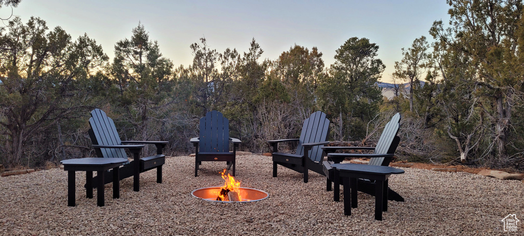 Exterior space with a fire pit