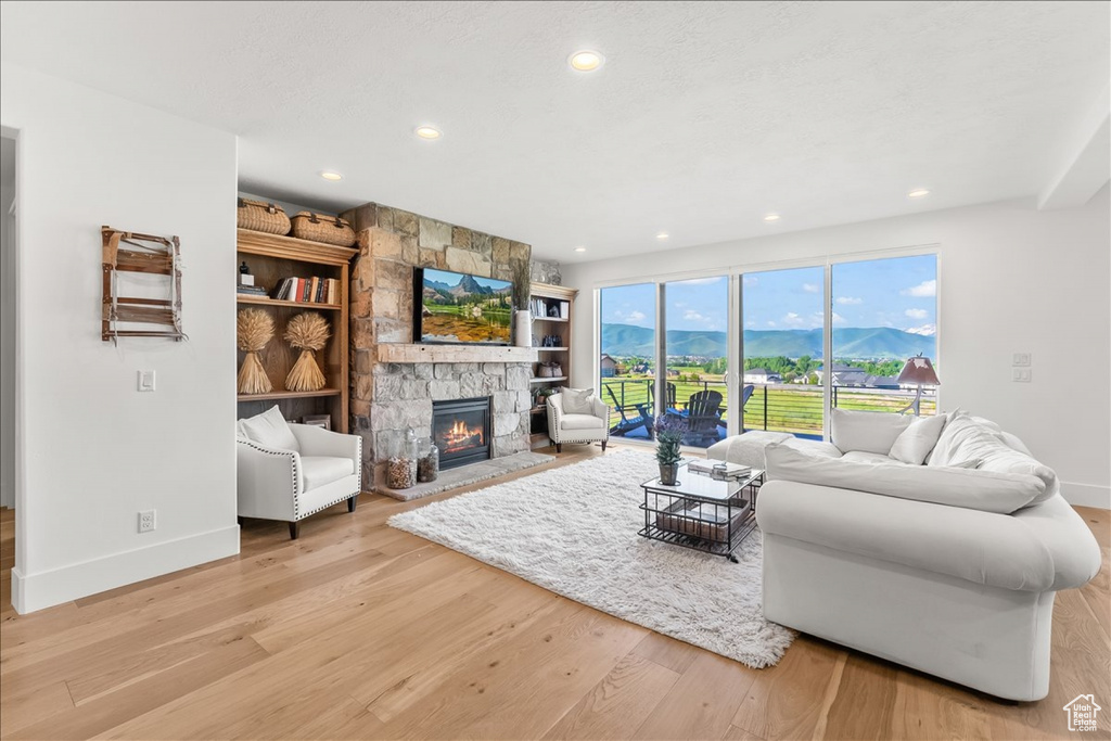 Living room featuring a mountain view, light wood-type flooring, and a fireplace