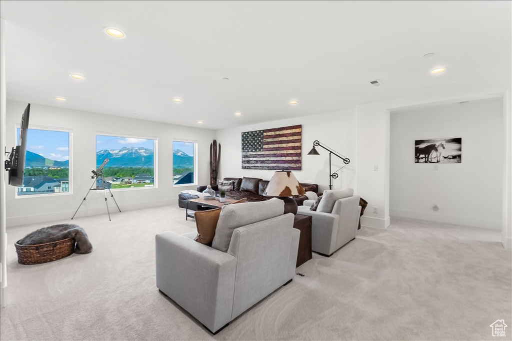 Living room with light colored carpet