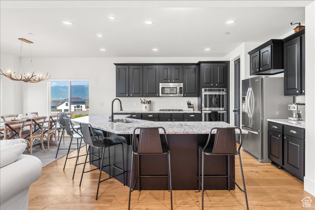 Kitchen featuring pendant lighting, light hardwood / wood-style flooring, stainless steel appliances, and a spacious island