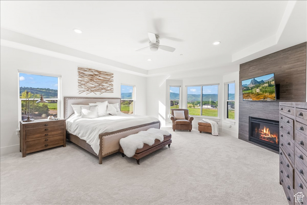 Carpeted bedroom with ceiling fan and a tray ceiling