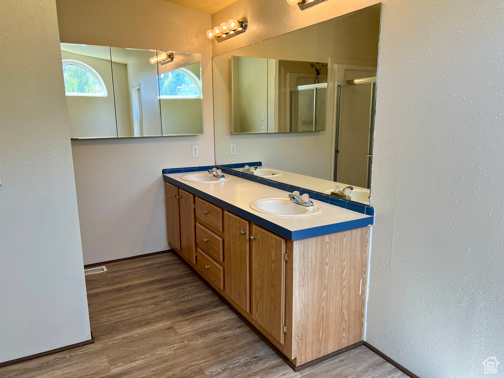 Bathroom featuring hardwood / wood-style flooring, double sink, and vanity with extensive cabinet space