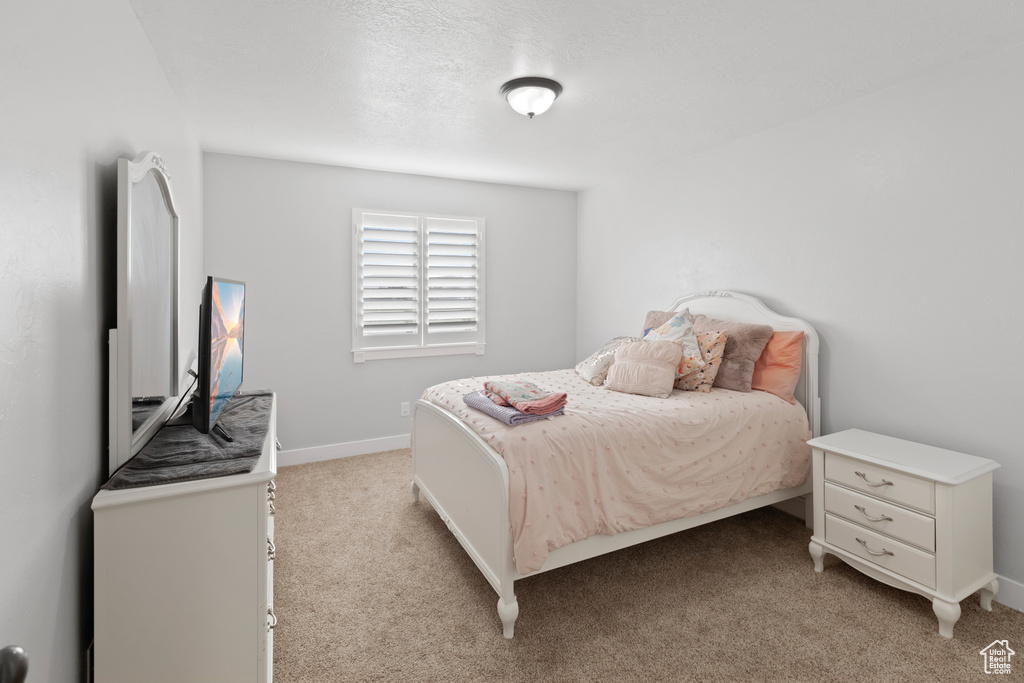 Bedroom with light colored carpet