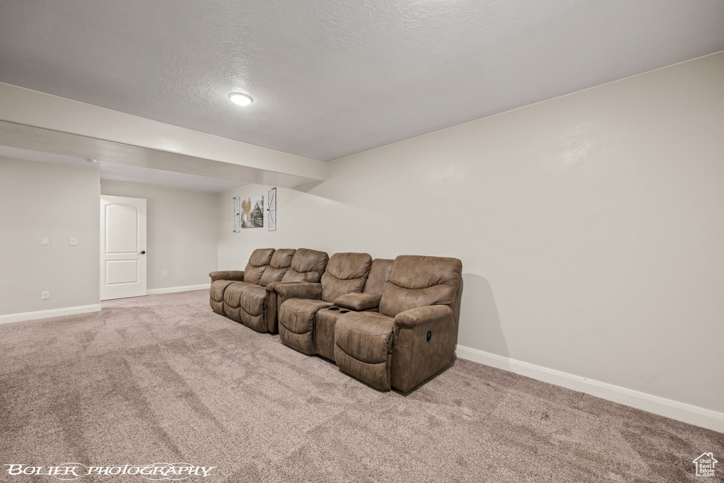 Carpeted living room featuring a textured ceiling