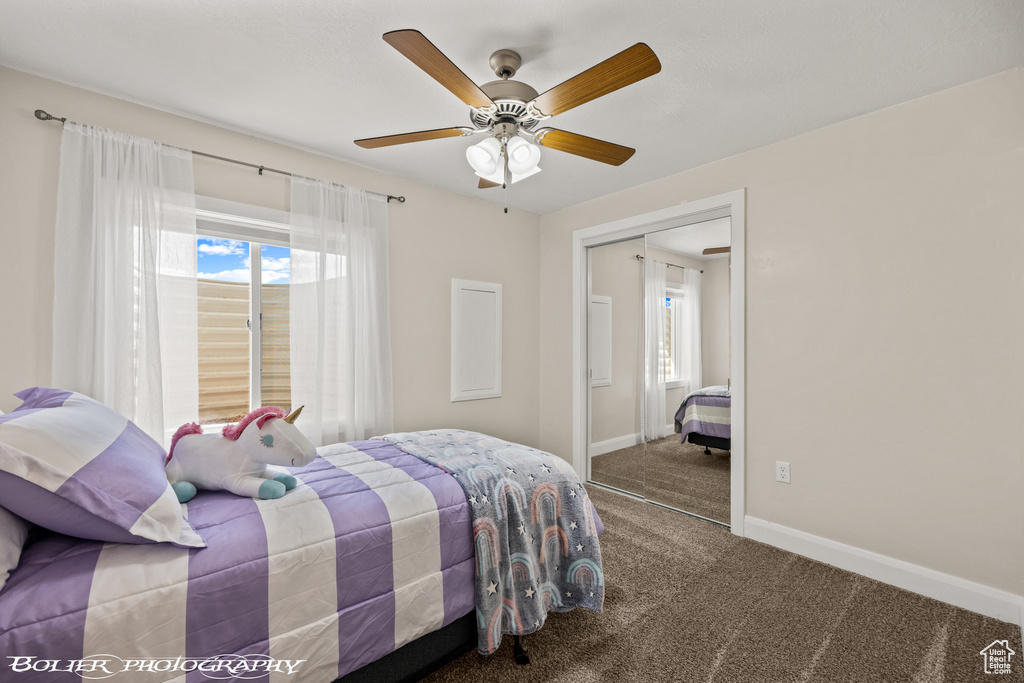 Carpeted bedroom with a closet, ceiling fan, and multiple windows