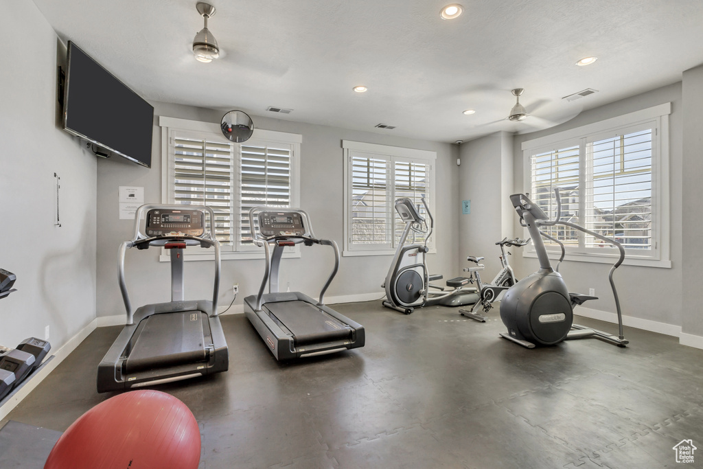 Exercise area with ceiling fan
