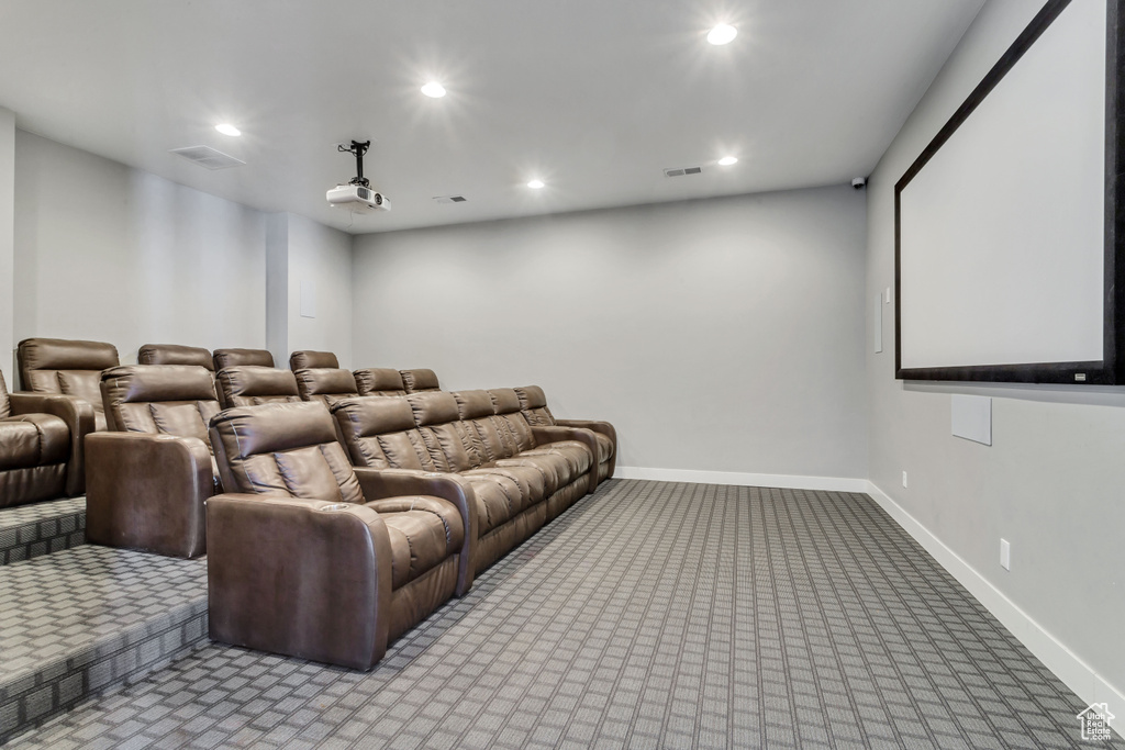 Cinema room featuring light carpet