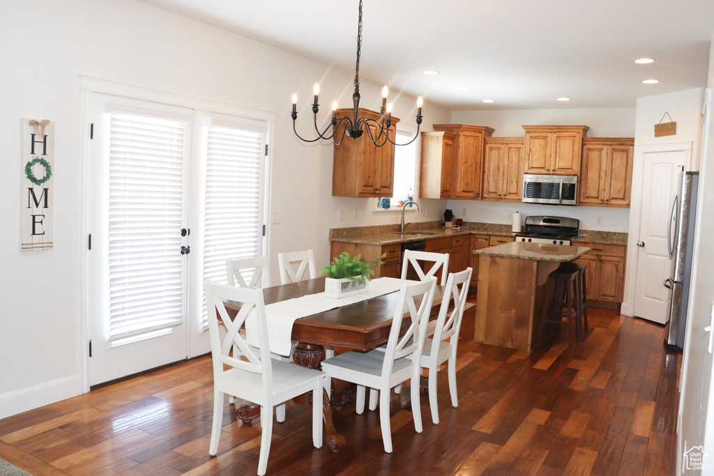 Dining room featuring plenty of natural light, dark hardwood / wood-style floors, and sink