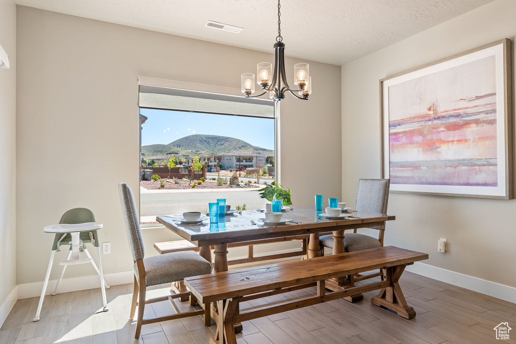Dining room featuring a mountain view, hardwood / wood-style flooring, and a notable chandelier