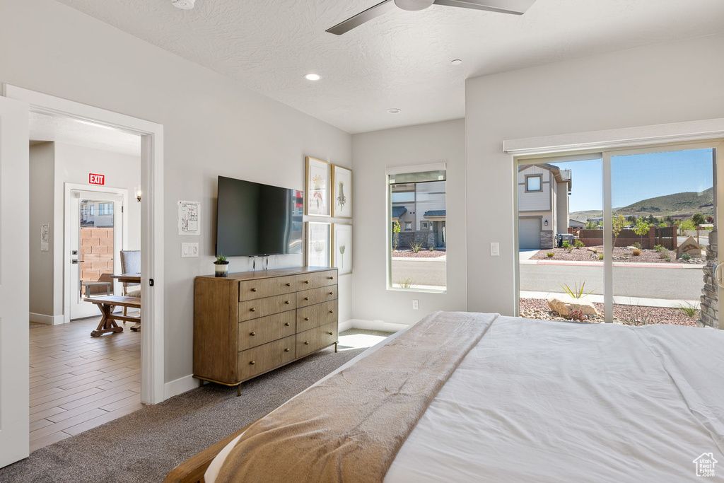 Carpeted bedroom featuring ceiling fan, access to exterior, and multiple windows