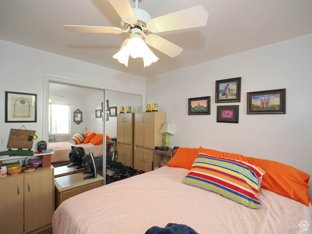 Bedroom featuring ceiling fan and a closet