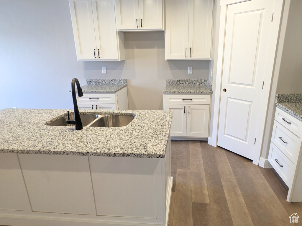 Kitchen with white cabinetry, wood-type flooring, light stone countertops, and sink