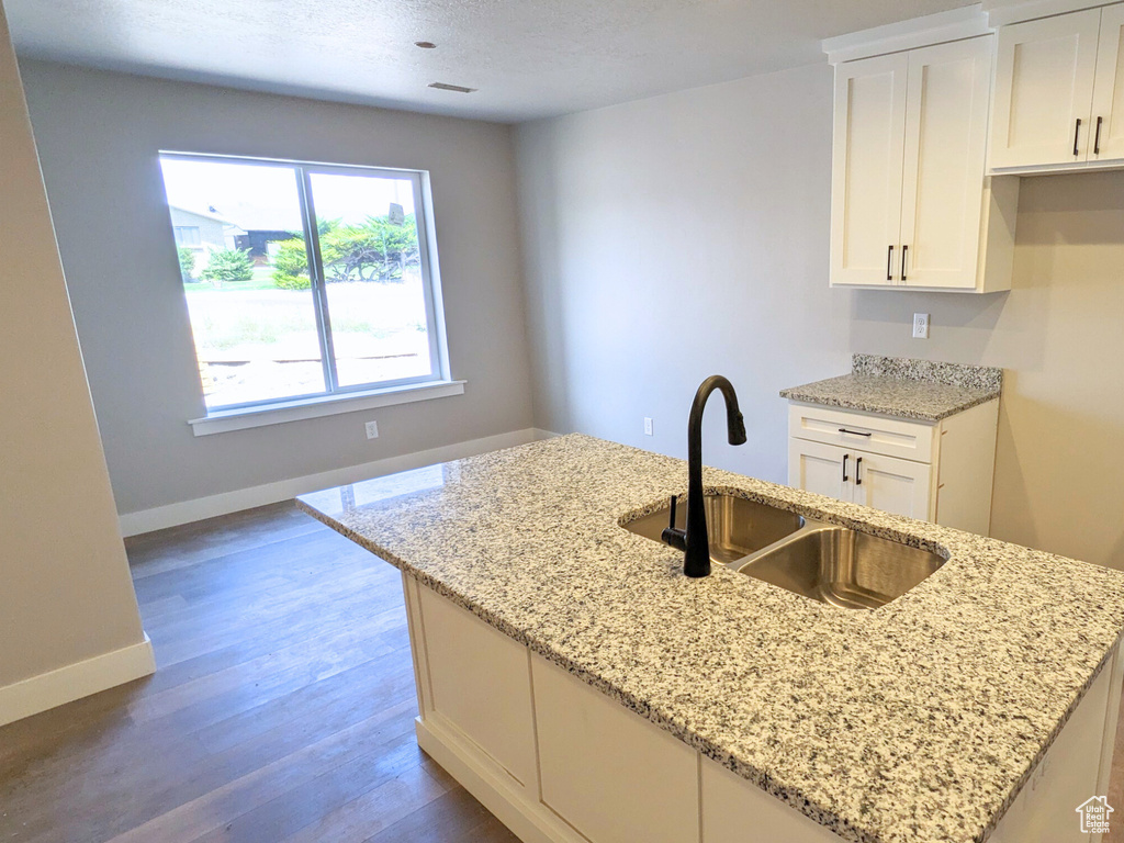 Kitchen with white cabinetry, an island with sink, light stone countertops, hardwood / wood-style floors, and sink