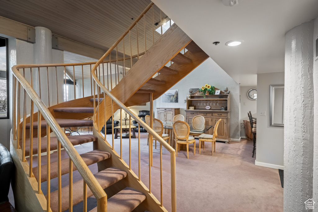 Stairs featuring a skylight, wood ceiling, and carpet