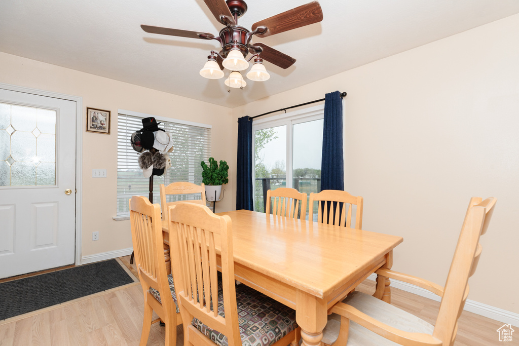 Dining room with light hardwood / wood-style flooring and ceiling fan
