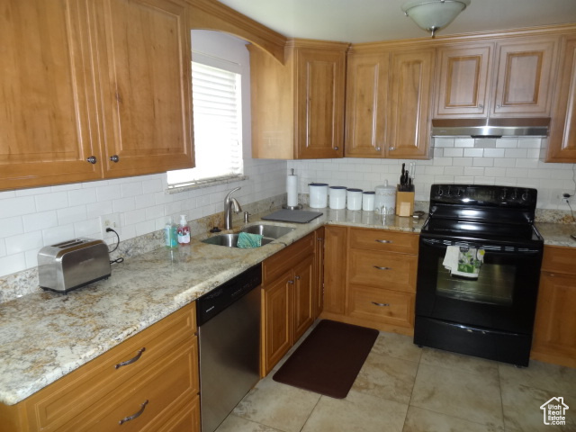 Kitchen with electric range, sink, tasteful backsplash, and dishwasher