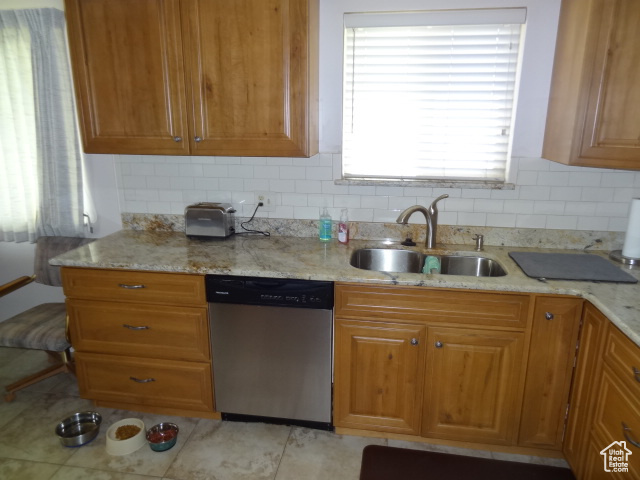 Kitchen with a healthy amount of sunlight, sink, backsplash, and stainless steel dishwasher