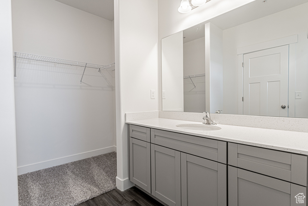 Bathroom with vanity and wood-type flooring